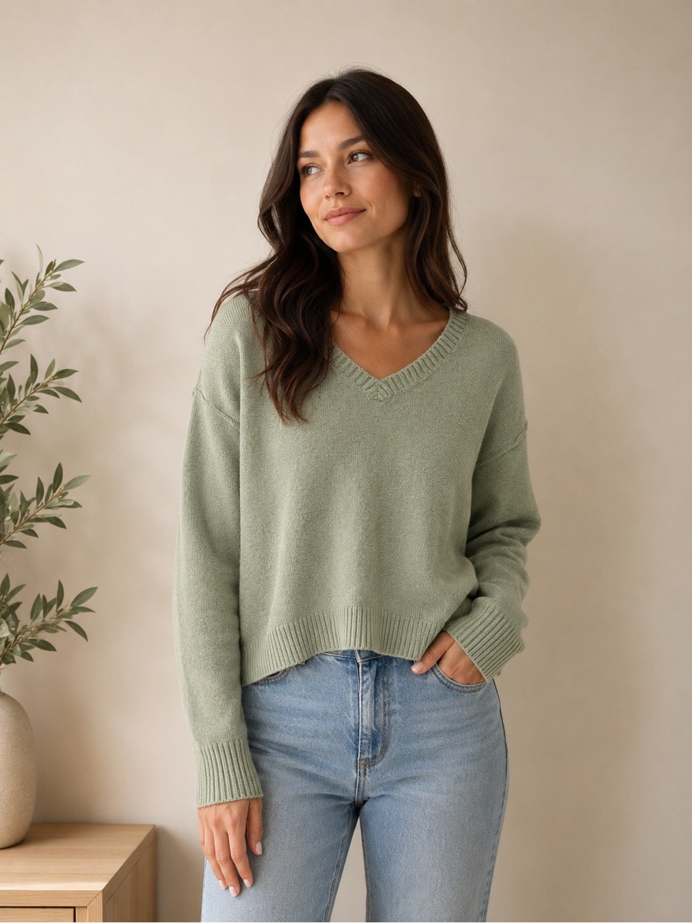 Active USA Sage Green V-Neck Knit Sweater | Size Large